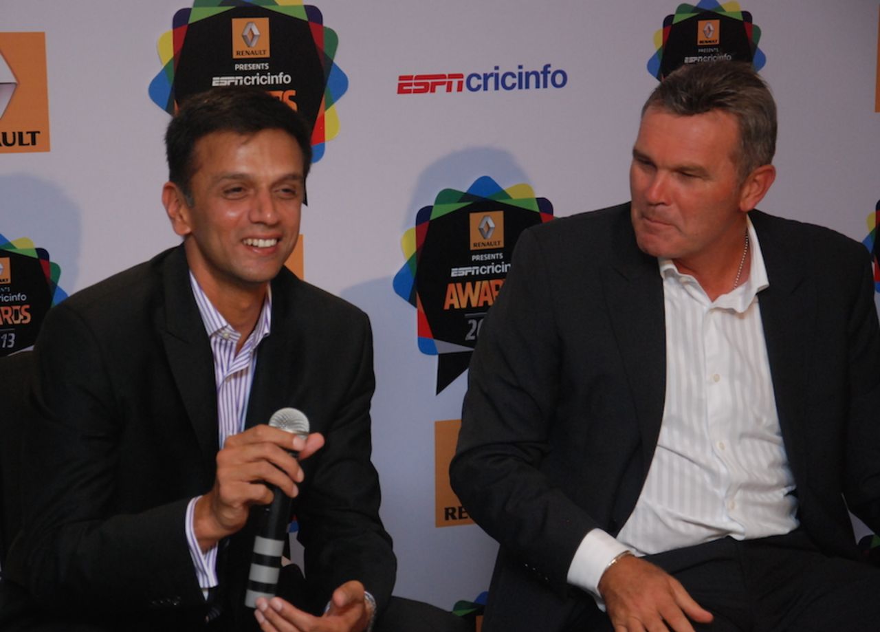 Rahul Dravid and Martin Crowe in a media interaction at the ESPNcricinfo awards event, Mumbai, March 14, 2014