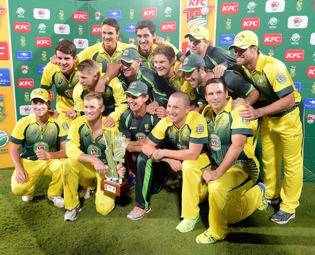 Australia's players celebrate after clinching a 2-0 series win, South Africa v Australia, 3rd T20, Centurion, March 14, 2014