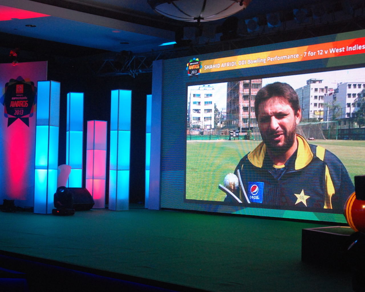 Shahid Afridi joined in on video to accept the ODI bowling award, Mumbai, March 14, 2014
