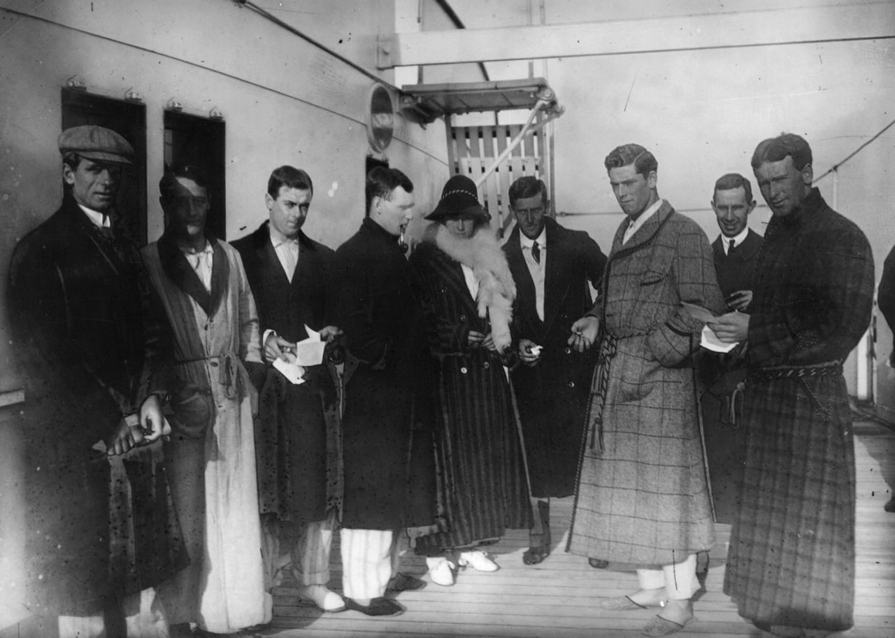 Some of the Australian players on board the <i>RMS Otway</i> sailing to England for the triangular tournament, 1912