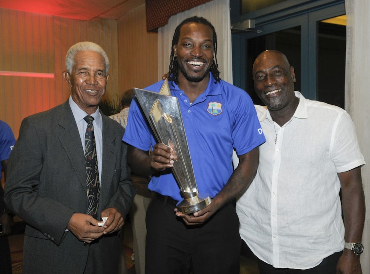 Chris Gayle is flanked by Garry Sobers and Viv Richards, Bridgetown, March 13, 2014