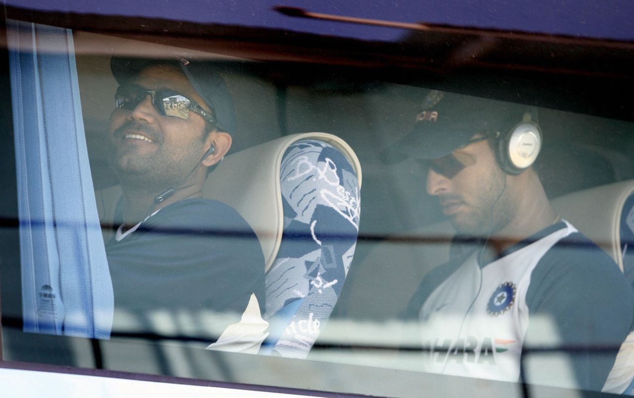 Virender Sehwag and Yuvraj Singh listen to music on the team bus, Trelawny Stadium, Jamaica, March 8, 2007