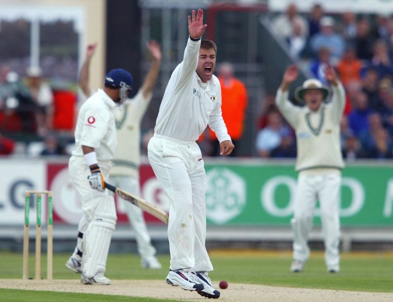 unsuccesfully appeals for lbw against Mark Butcher, England v Zimbabwe, 2nd Test, Chester-le-Street, 2003