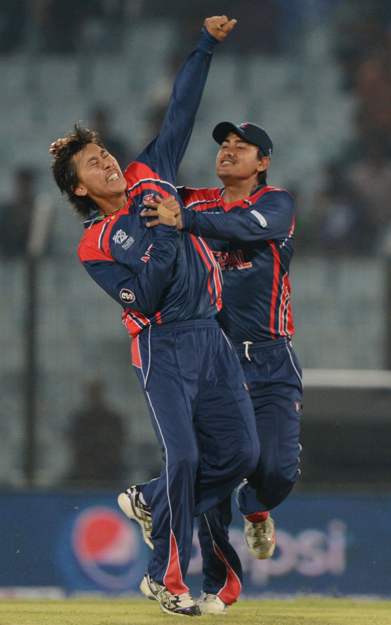 Shakti Gauchan is pumped up after a wicket, Hong Kong v Nepal, World T20, Qualifying Group A, Chittagong, March 16, 2014 