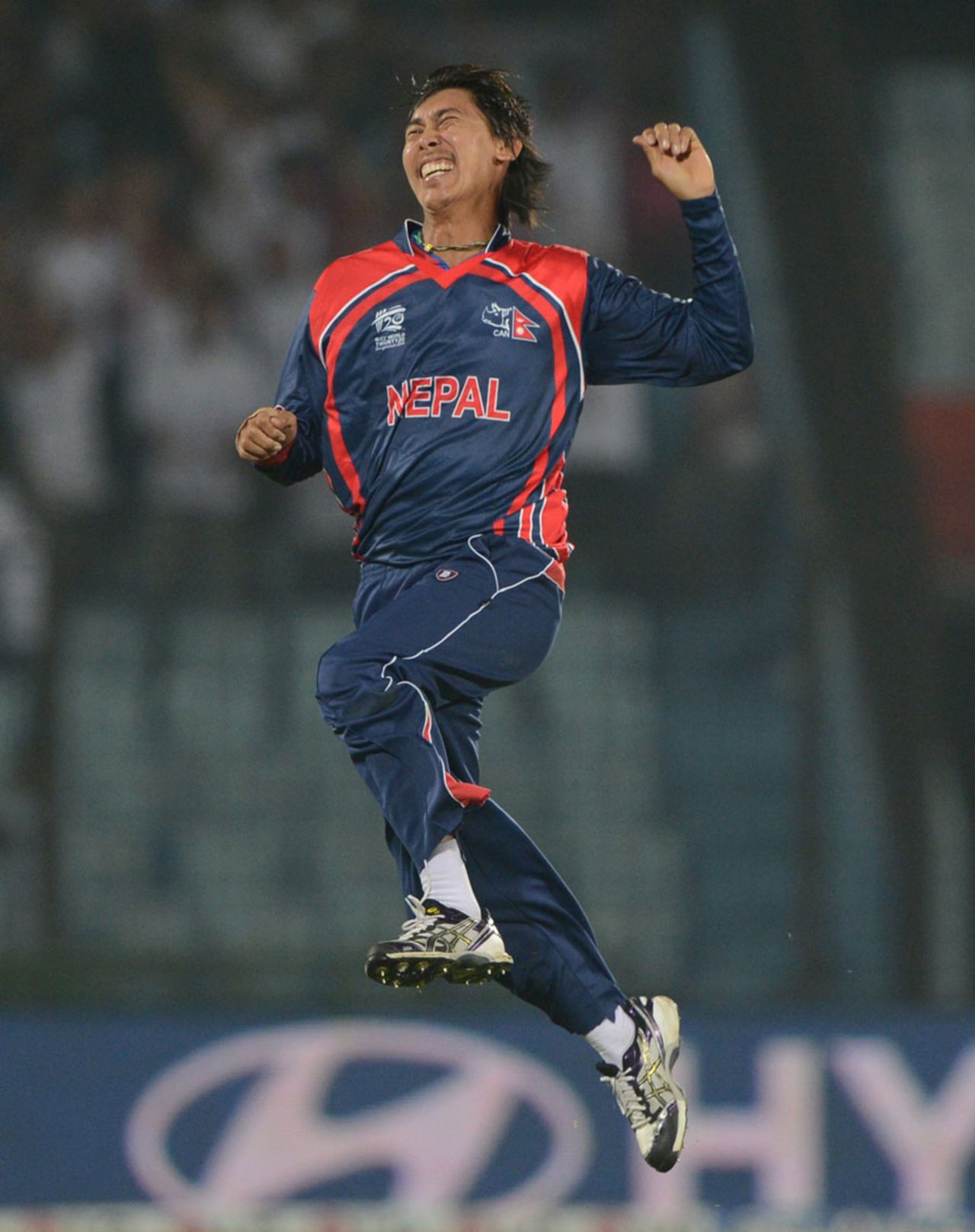 Shakti Gauchan celebrates a wicket, Hong Kong v Nepal, World T20, Qualifying Group A, Chittagong, March 16, 2014 