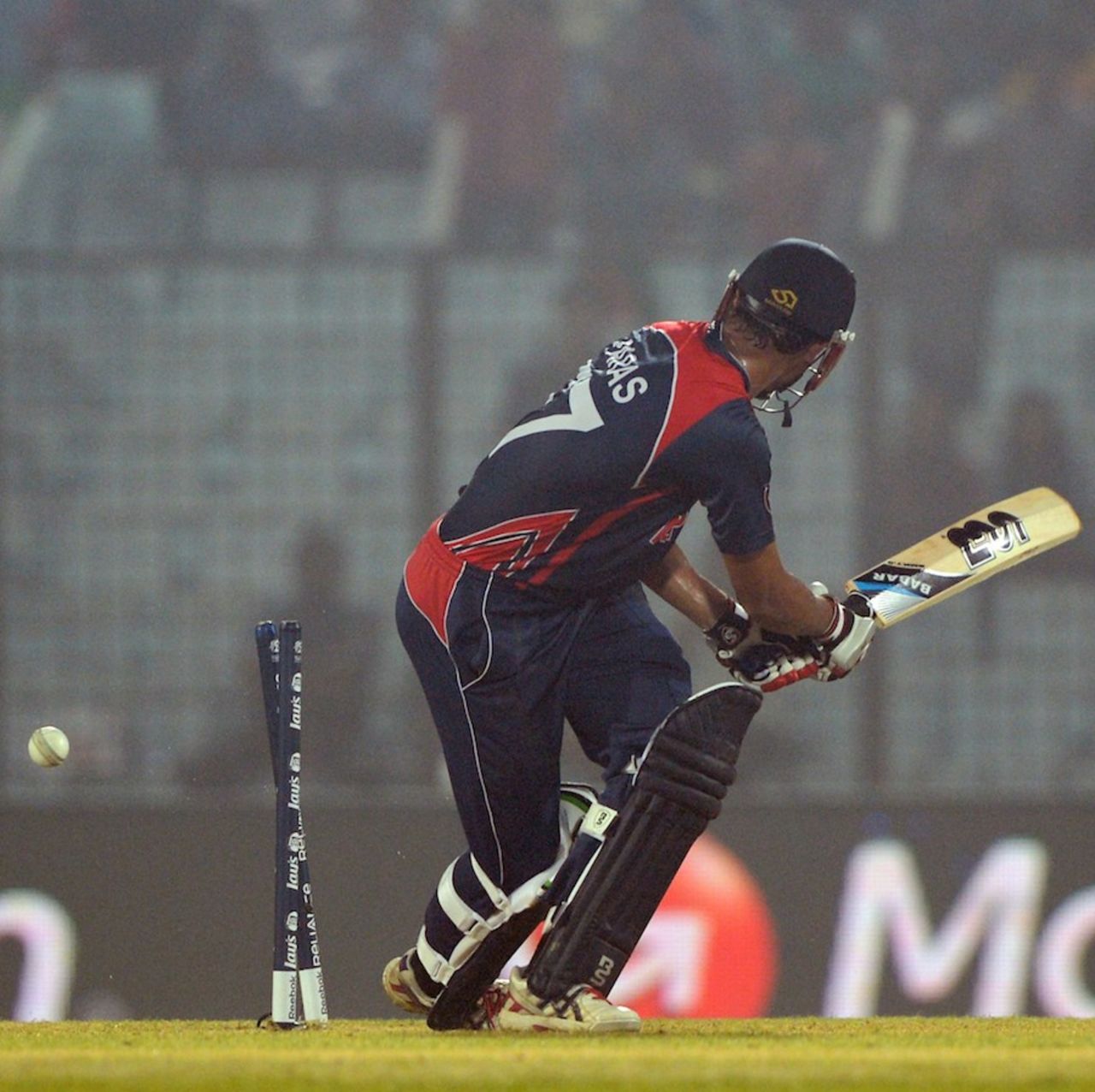Paras Khadka loses his leg stump as he moves too far across, Bangladesh v Nepal, World T20, Group A, Chittagong, March 18, 2014