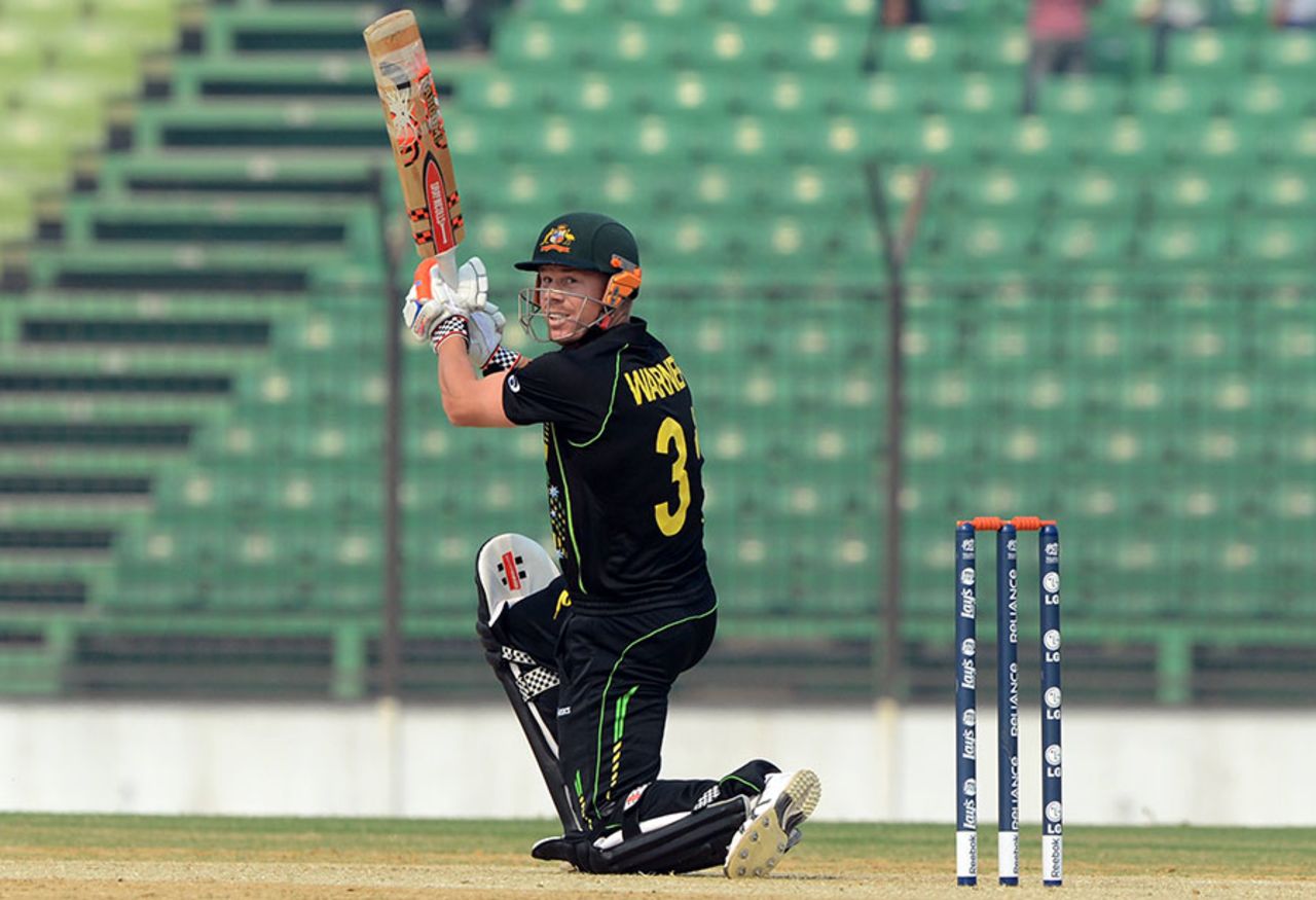 David Warner smashed 65 off just 26 balls, Australia v New Zealand, World T20 warm-up match, Fatullah, March 19, 2014