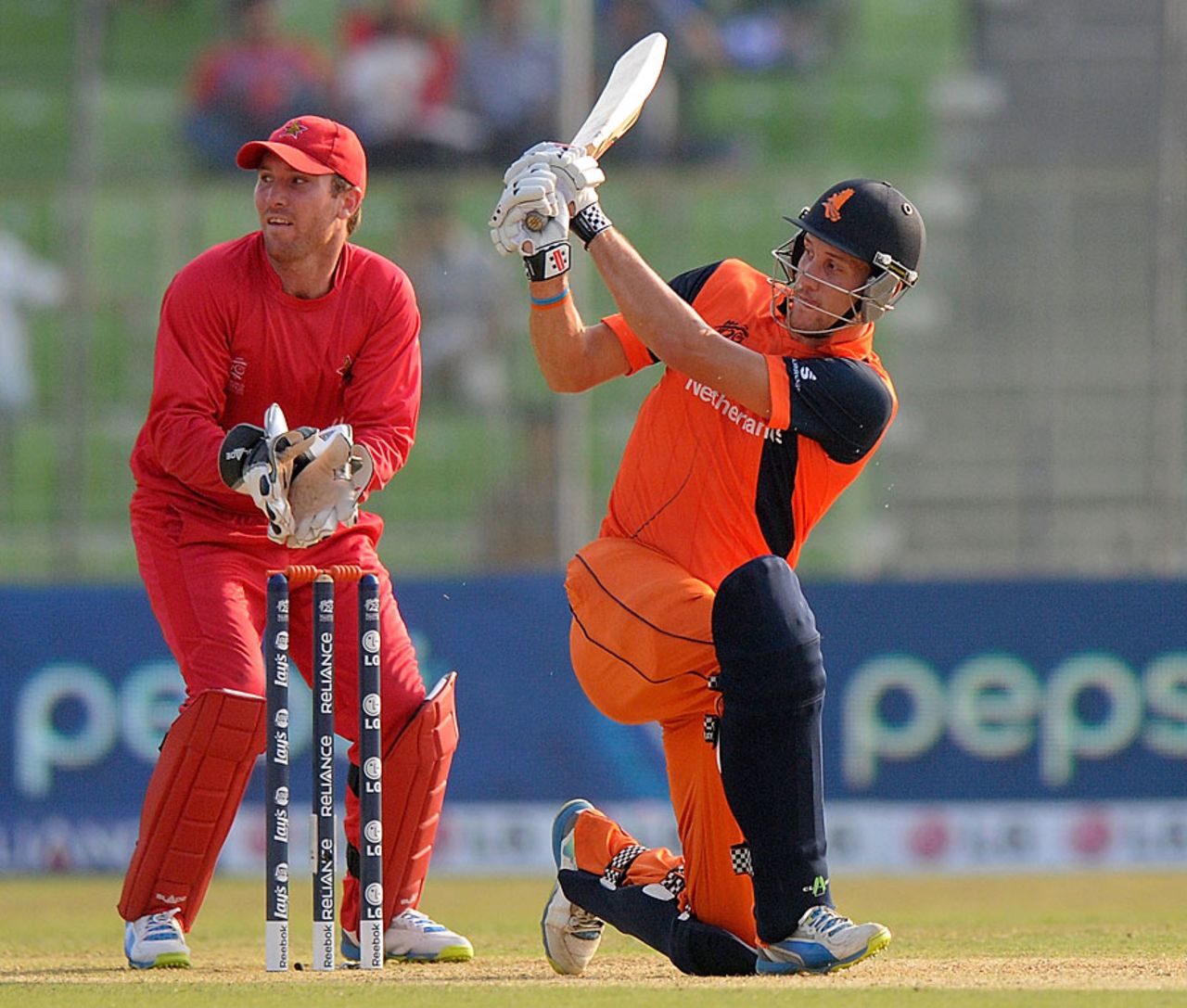 Ben Cooper plays a forceful shot on the leg side, Netherlands v Zimbabwe, World T20, Group B, Sylhet, March 19, 2014