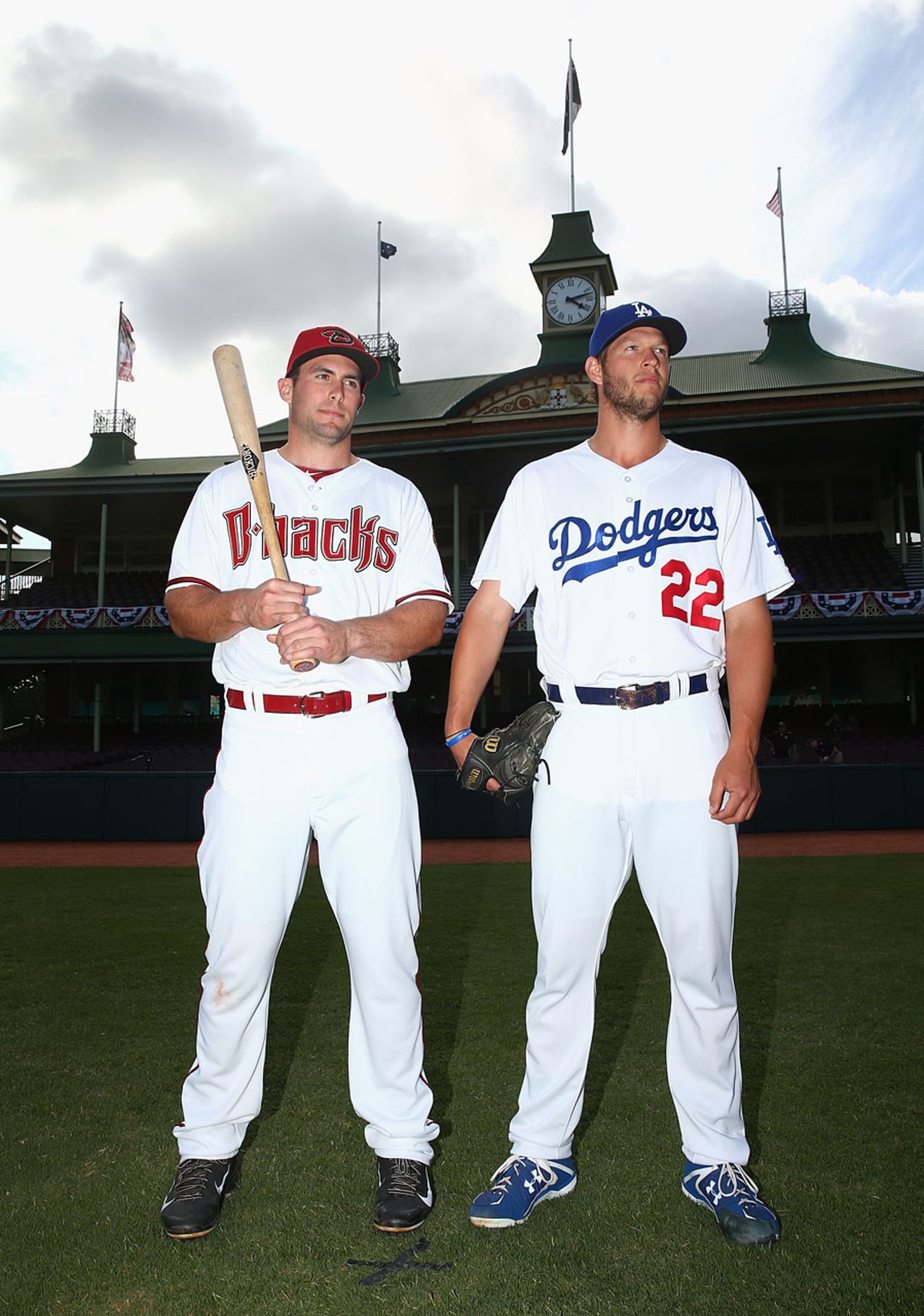 Paul Goldschmidt of the Arizona Diamondbacks and Clayton Kershaw of the Los Angeles Dodgers pose in front of the SCG pavilion, Sydney, March 19, 2014