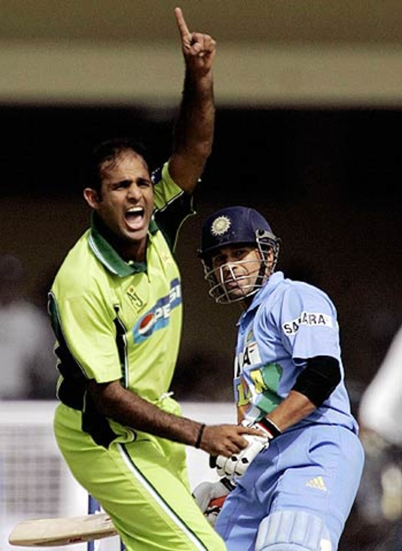 Naved-ul-Hasan made the early breakthrough for Pakistan with the wicket of Sachin Tendulkar, India v Pakistan, 5th ODI, Kanpur, April 15, 2005