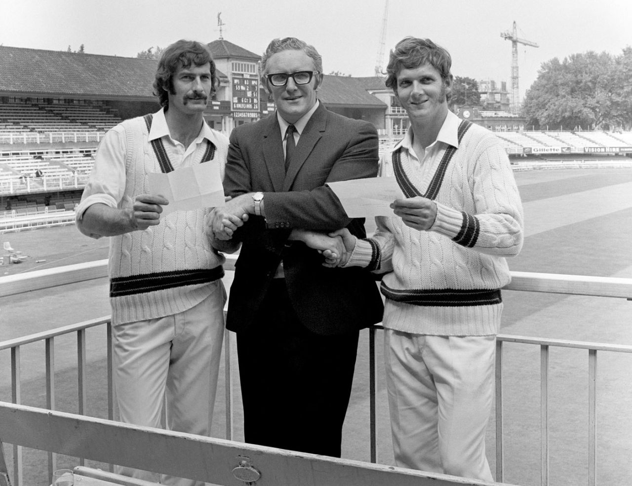 Dennis Lillee and Bob Massie shake hands with former Australian allrounder Alan Davidson, England v Australia, second Test, Lord's, 4th day, June 26 1972