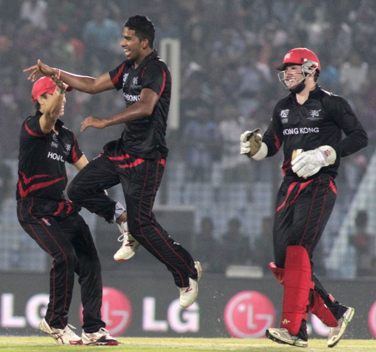 Nadeem Ahmed takes off after picking up one of his four wickets, Bangladesh v Hong Kong, World T20, Group A, Chittagong, March 20, 2014