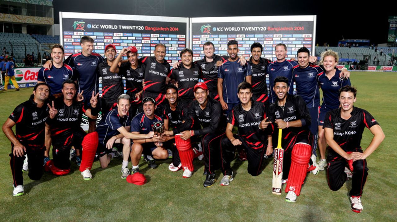 The Hong Kong team pose after their victory, Bangladesh v Hong Kong, World T20, Group A, Chittagong, March 20, 2014
