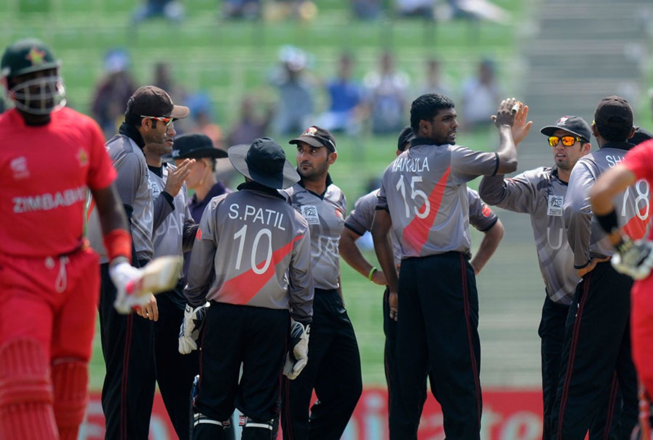Manjula Guruge celebrates the wicket of Hamilton Masakadza, Zimbabwe v UAE, World T20, Group B, Sylhet, March 21, 2014