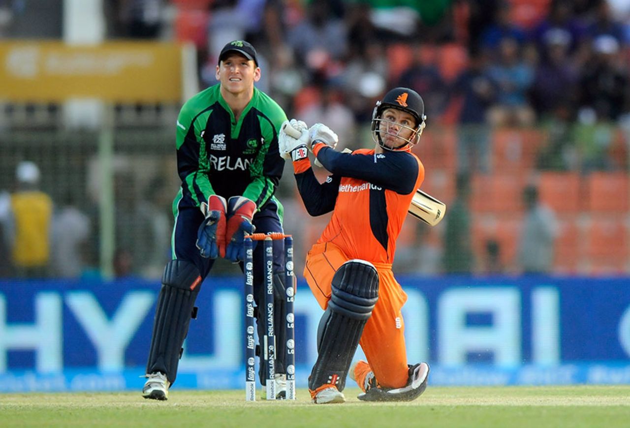 Stephan Myburgh swats the ball over the leg side, Ireland v Netherlands, World T20, First Round Group B, Sylhet, March 21, 2014