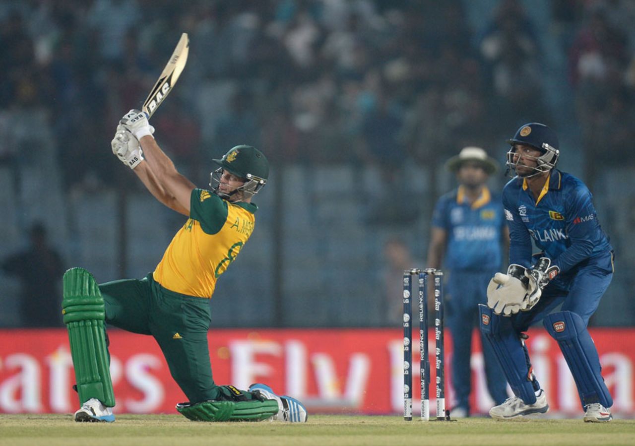 Albie Morkel swings the ball over midwicket, South Africa v Sri Lanka, World T20, Group 1, Chittagong, March 22, 2014 
