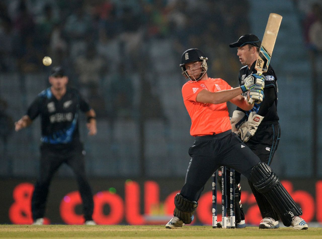 Jos Buttler pounds the ball into the leg side, England v New Zealand, World T20, Group 1, Chittagong, March 22, 2014