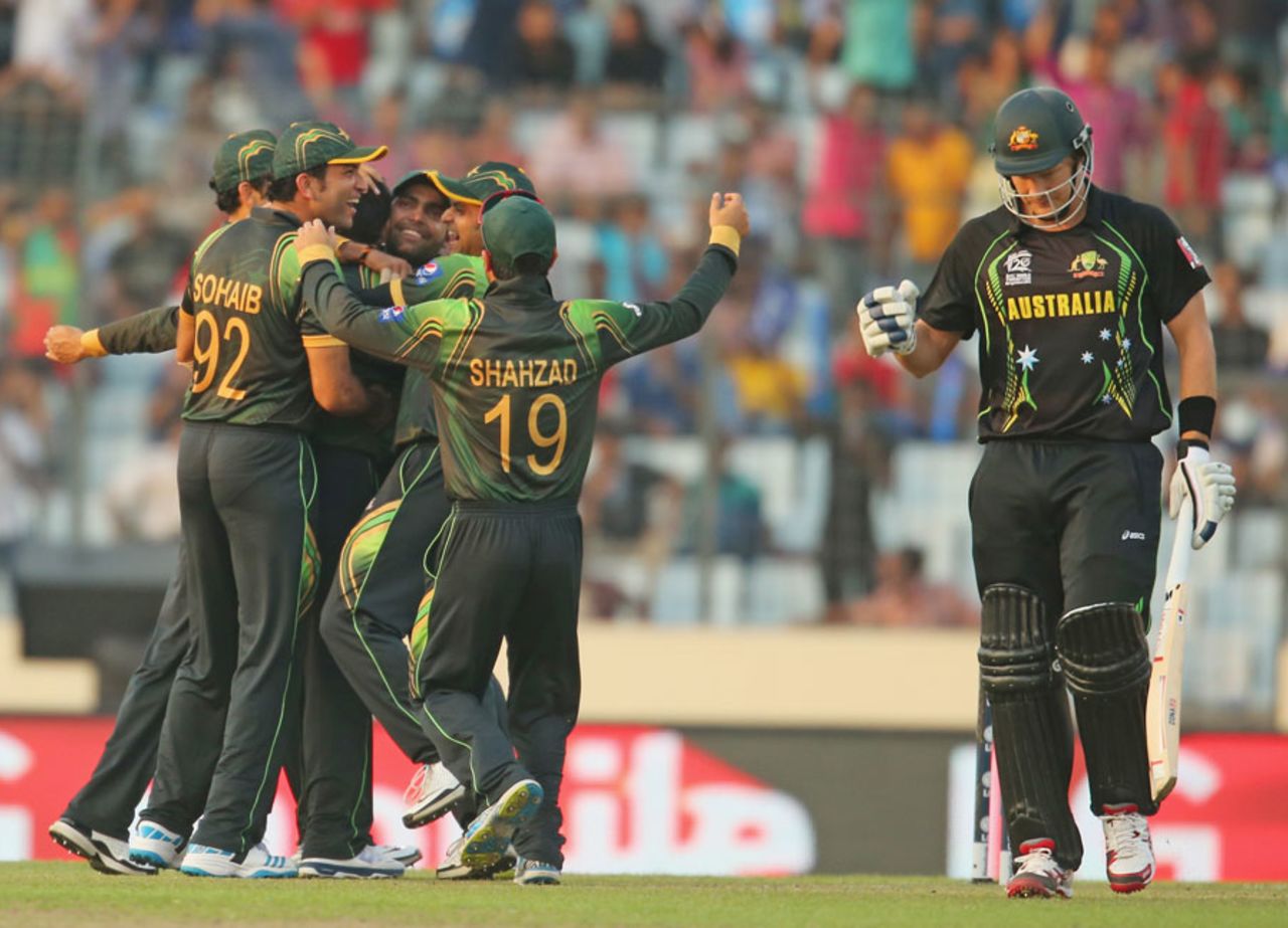 Shane Watson became Zulfiqar Baba's second scalp in the first over, Australia v Pakistan, World T20, Group 2, Mirpur, March 23, 2014