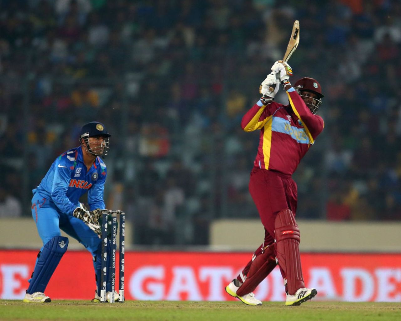 Chris Gayle launches the ball out of the ground, India v West Indies, World T20, Group 2, Mirpur, March 23, 2014