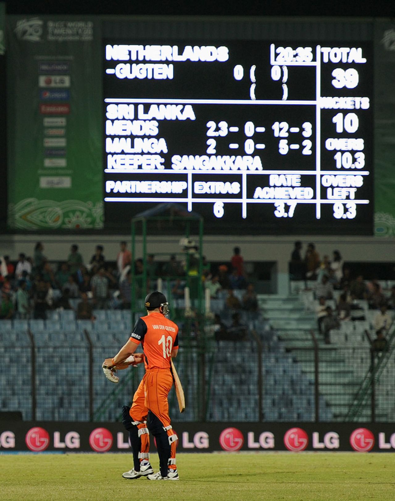 The scoreboard says it all as Timm van der Gugten, Netherlands' not out batsman, walks back, Netherlands v Sri Lanka, World T20, Group 1, March 24, 2014