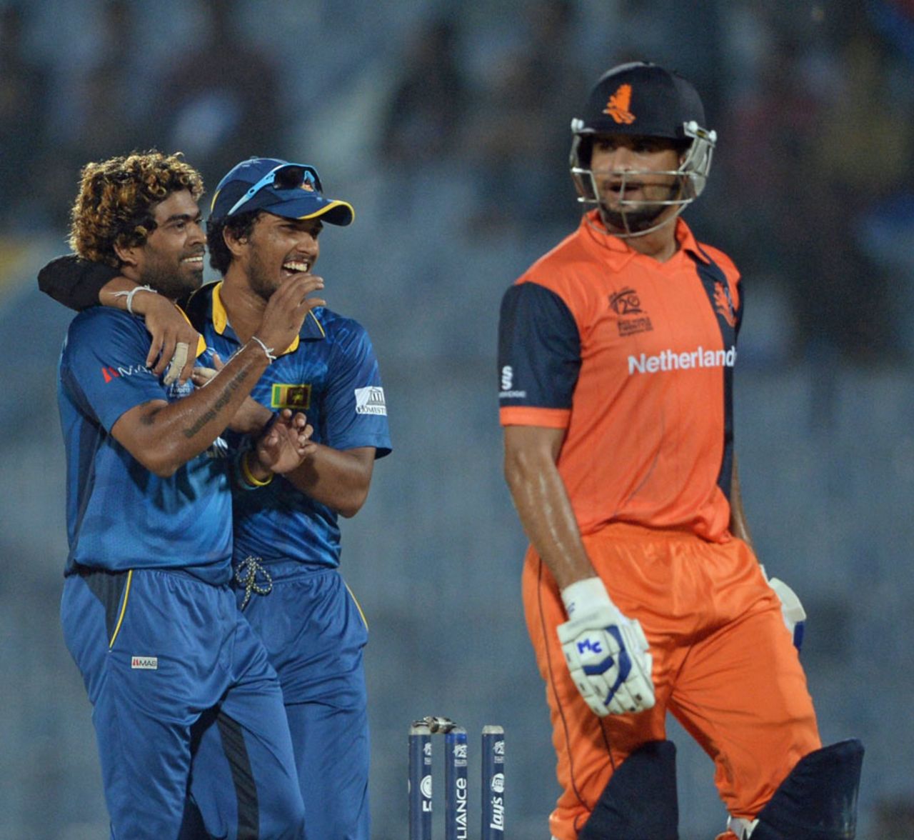 Lasith Malinga celebrates Mudassar Bukhari's wicket, Netherlands v Sri Lanka, World T20, Group 1, March 24, 2014