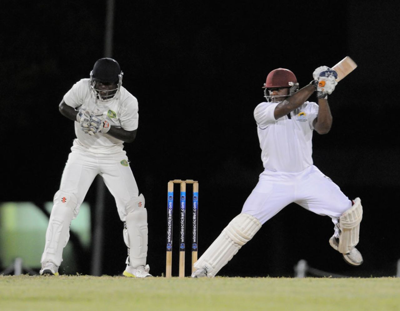 Shacaya Thomas cuts the ball during his 176, Combined Campuses and Colleges v Guyana, Regional Four Day Competition, Barbados, March 22, 2014, Day 2