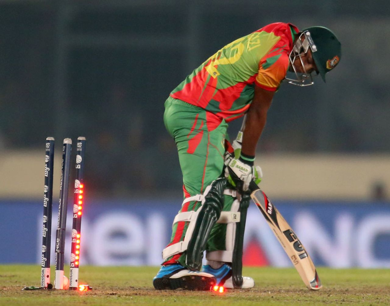 Sohag Gazi is bowled by an Andre Russel yorker, Bangladesh v West Indies, World T20, Group 2, Mirpur, March 25, 2014
