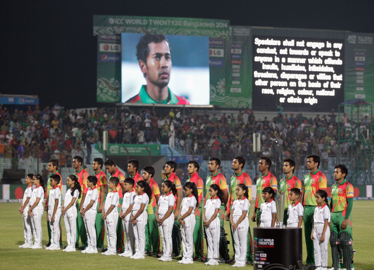 Bangladesh's players sing their national anthem, Bangladesh v Hong Kong, World T20, Group A, Chittagong, March 20, 2014
