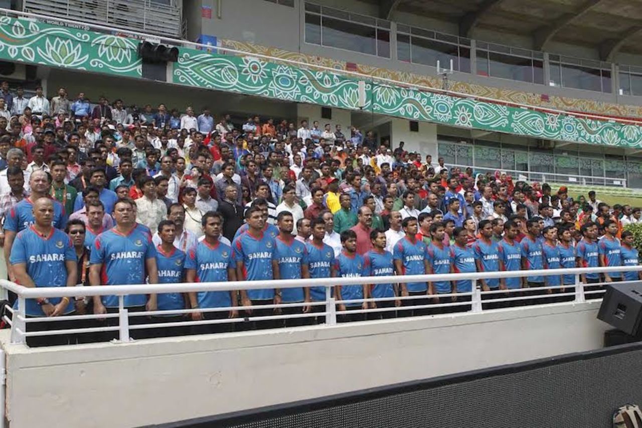 Bangladesh players joining the national anthem on March 26, Independence Day. They were not to be counted as the 250k-plus who sang the anthem together at the National Parade ground during the same time, which is a world record, Dhaka, March 26, 2014