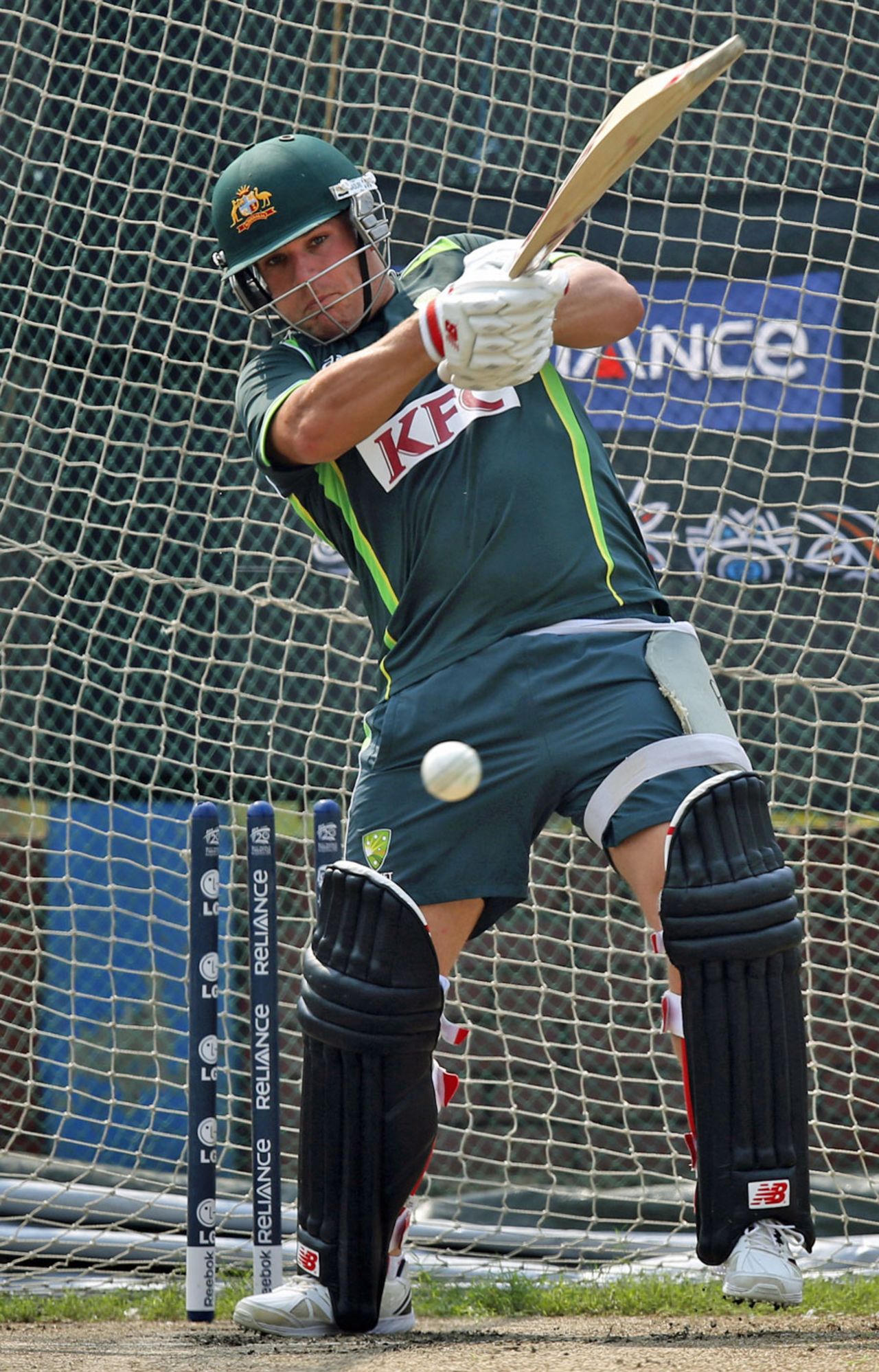 Aaron Finch bats in the nets on the eve of Australia's game against West Indies, Mirpur, March 27, 2014