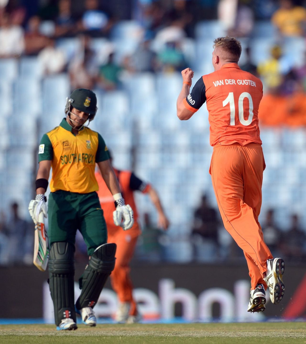 Timm van der Gugten celebrates after getting JP Duminy out, Netherlands v South Africa, World T20, Group 1, Chittagong, March 27, 2014
