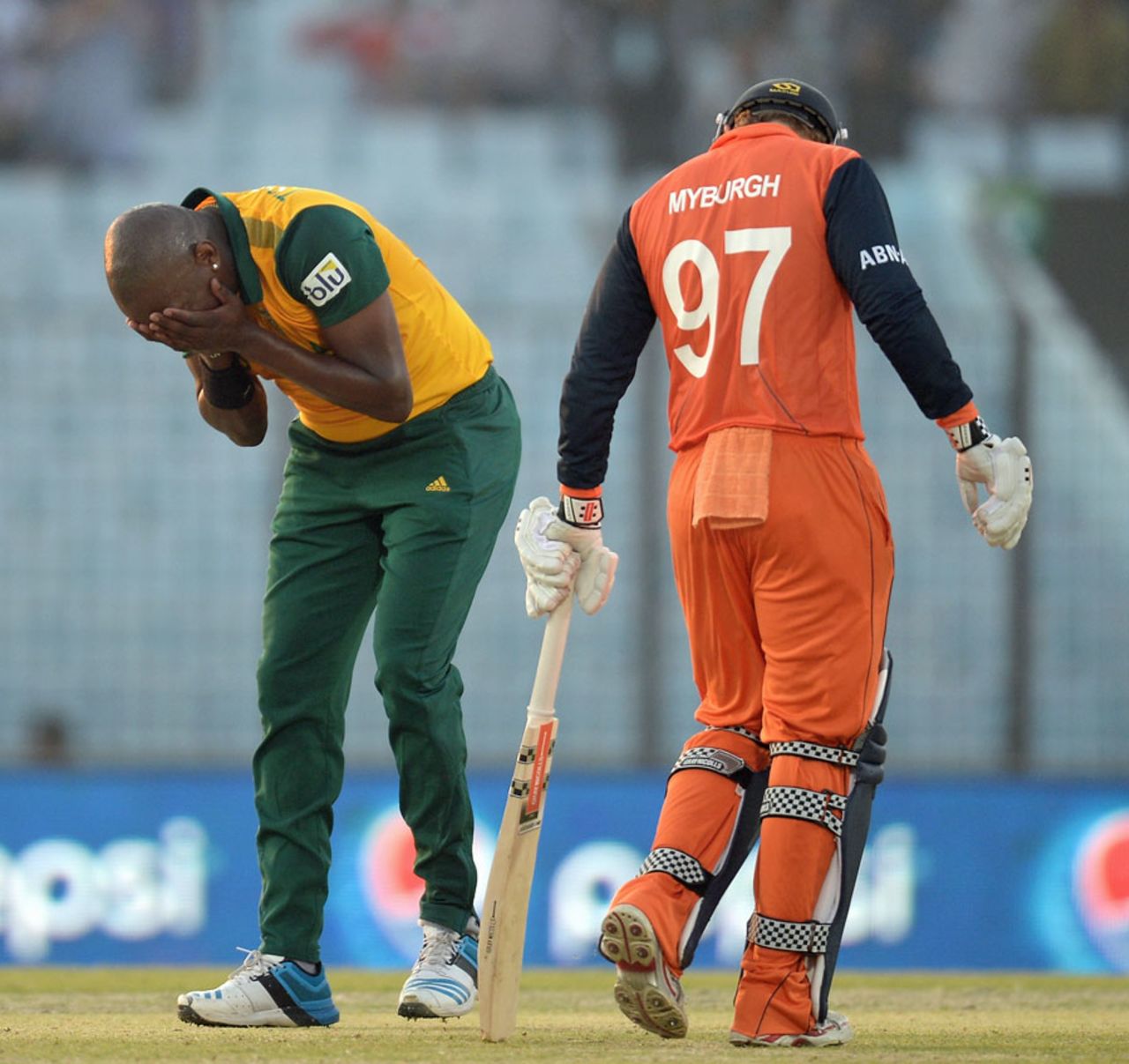 Lonwabo Tsotsobe reacts after being hit for a six by Stephan Myburgh, Netherlands v South Africa, World T20, Group 1, Chittagong, March 27, 2014