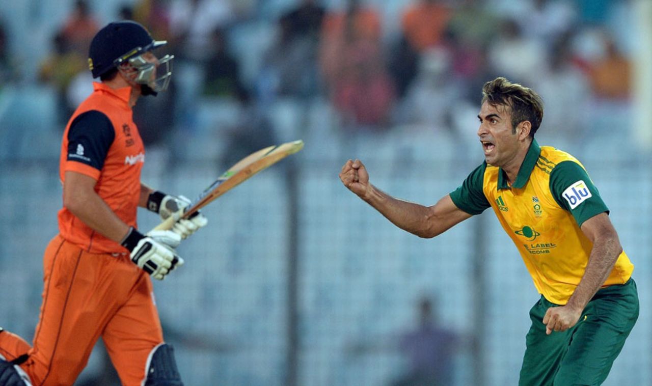 Imran Tahir reacts after getting Peter Borren out, Netherlands v South Africa, World T20, Group 1, Chittagong, March 27, 2014
