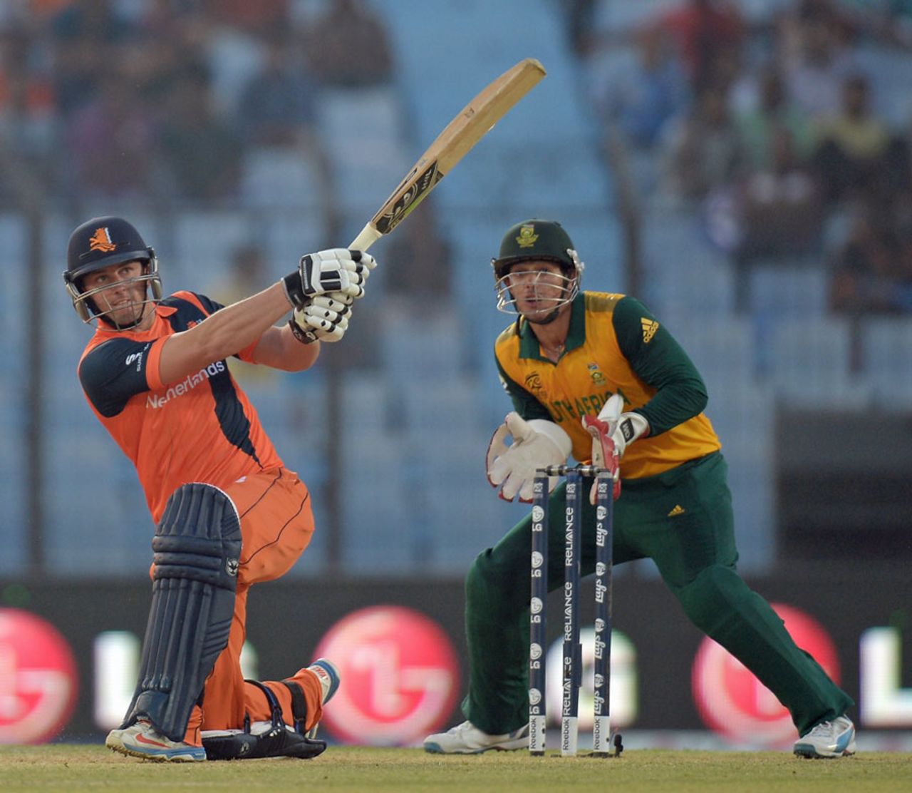 Wesley Barresi plays a slog for a six, Netherlands v South Africa, World T20, Group 1, Chittagong, March 27, 2014