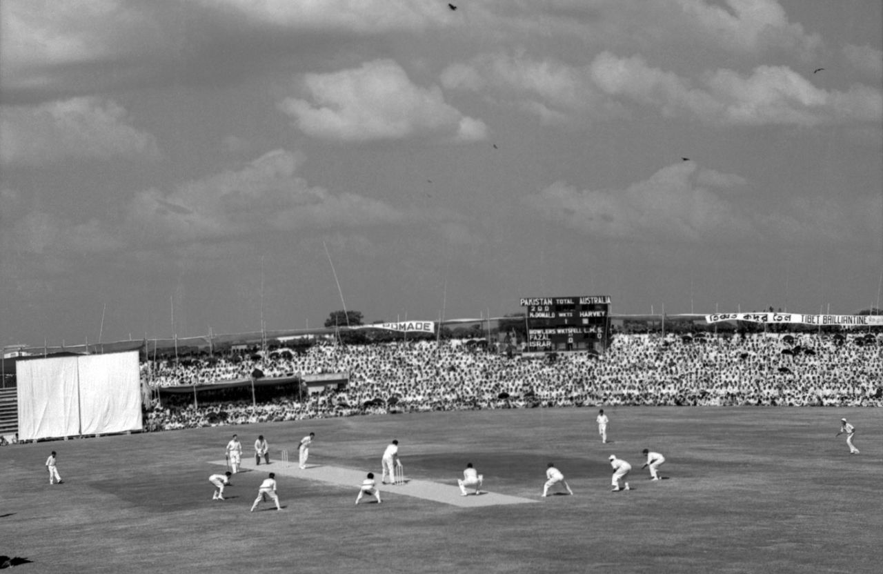 Colin McDonald bats against Fazal Mahmood, Pakistan v Australia, 1st Test, Dacca, 2nd day, November 14, 1959