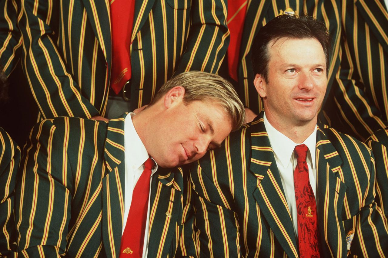 Shane Warne takes a nap on Steve Waugh's shoulder, Melbourne, June 23, 1999