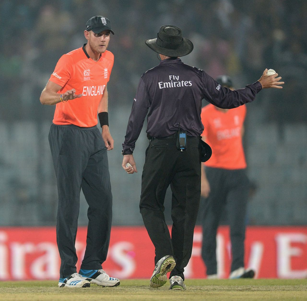 Stuart Broad has a word with the umpire after Mahela Jayawardene was given not out caught, England v Sri Lanka, World T20, Group 1, Chittagong, March, 27, 2014