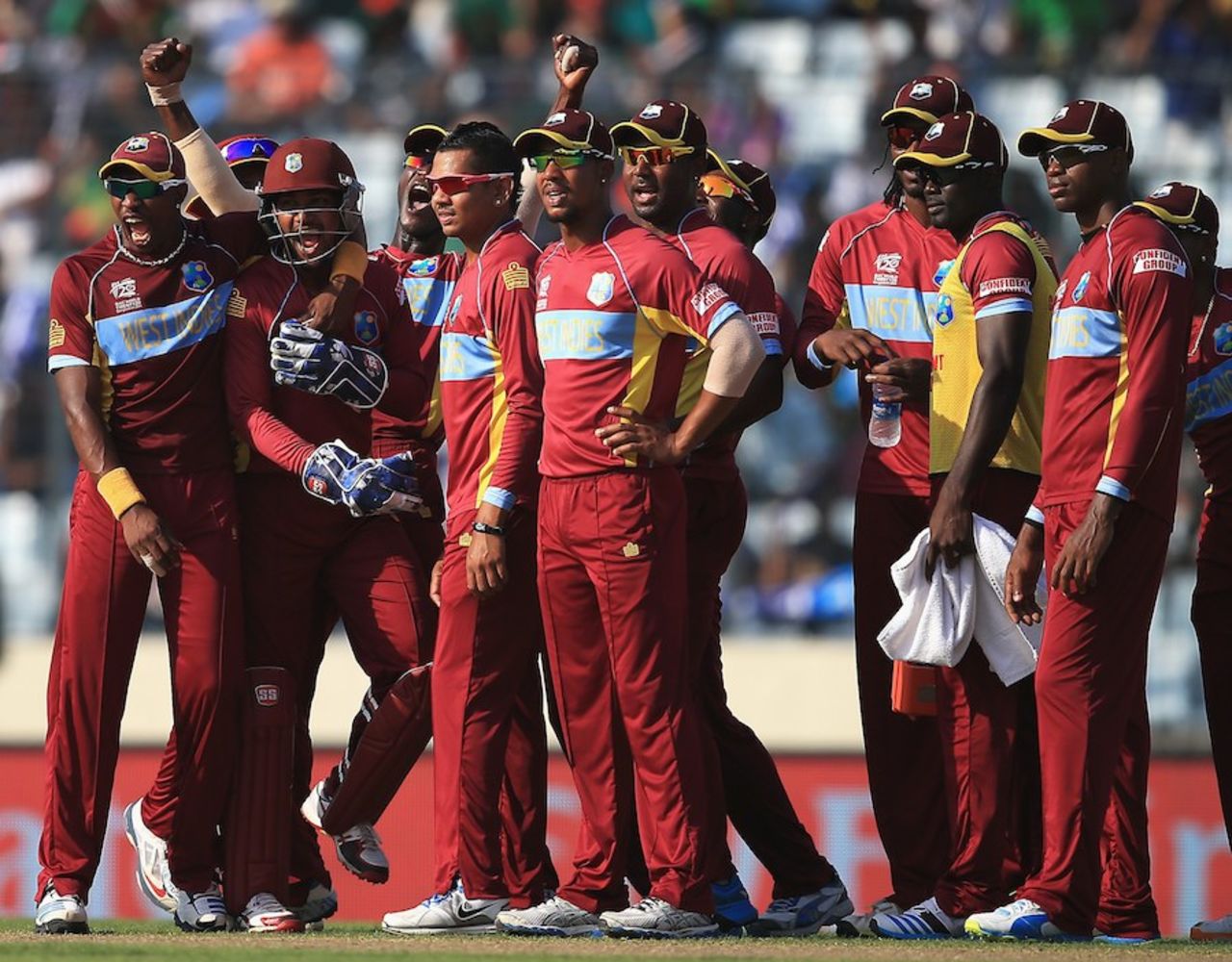 West Indies celebrate after Shane Watson is given out stumped by the third umpire, Australia v West Indies, World T20, Group 2, Mirpur, March 28, 2014