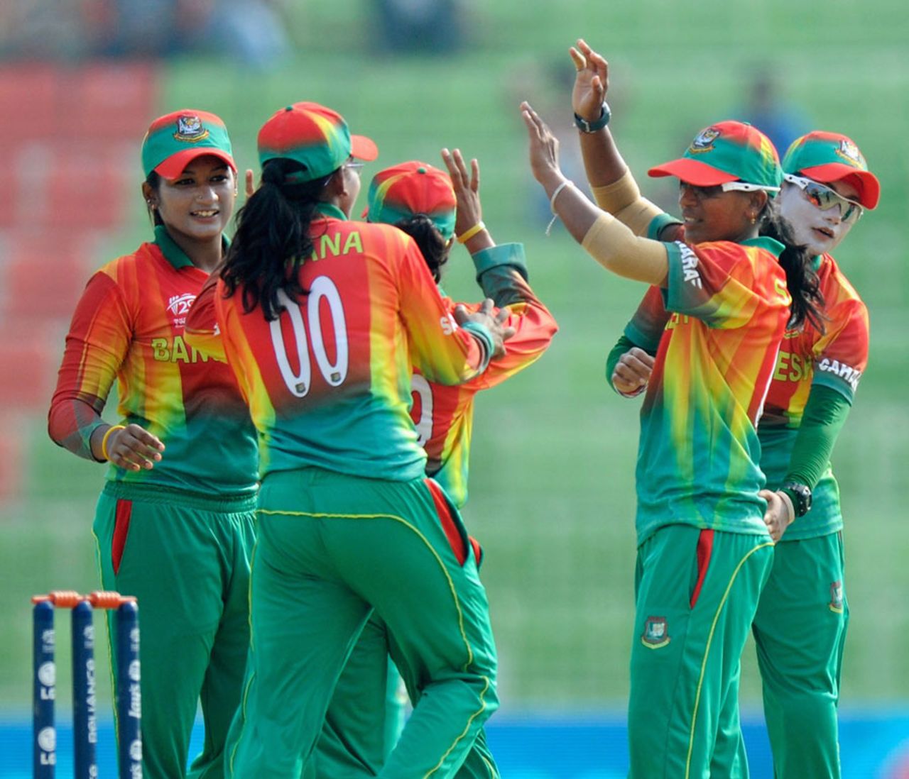 The Bangladesh team celebrate the fall of Sarah Taylor's wicket, Bangladesh v England, Women's World Twenty20 2014, Group B, Sylhet, March 28, 2014
