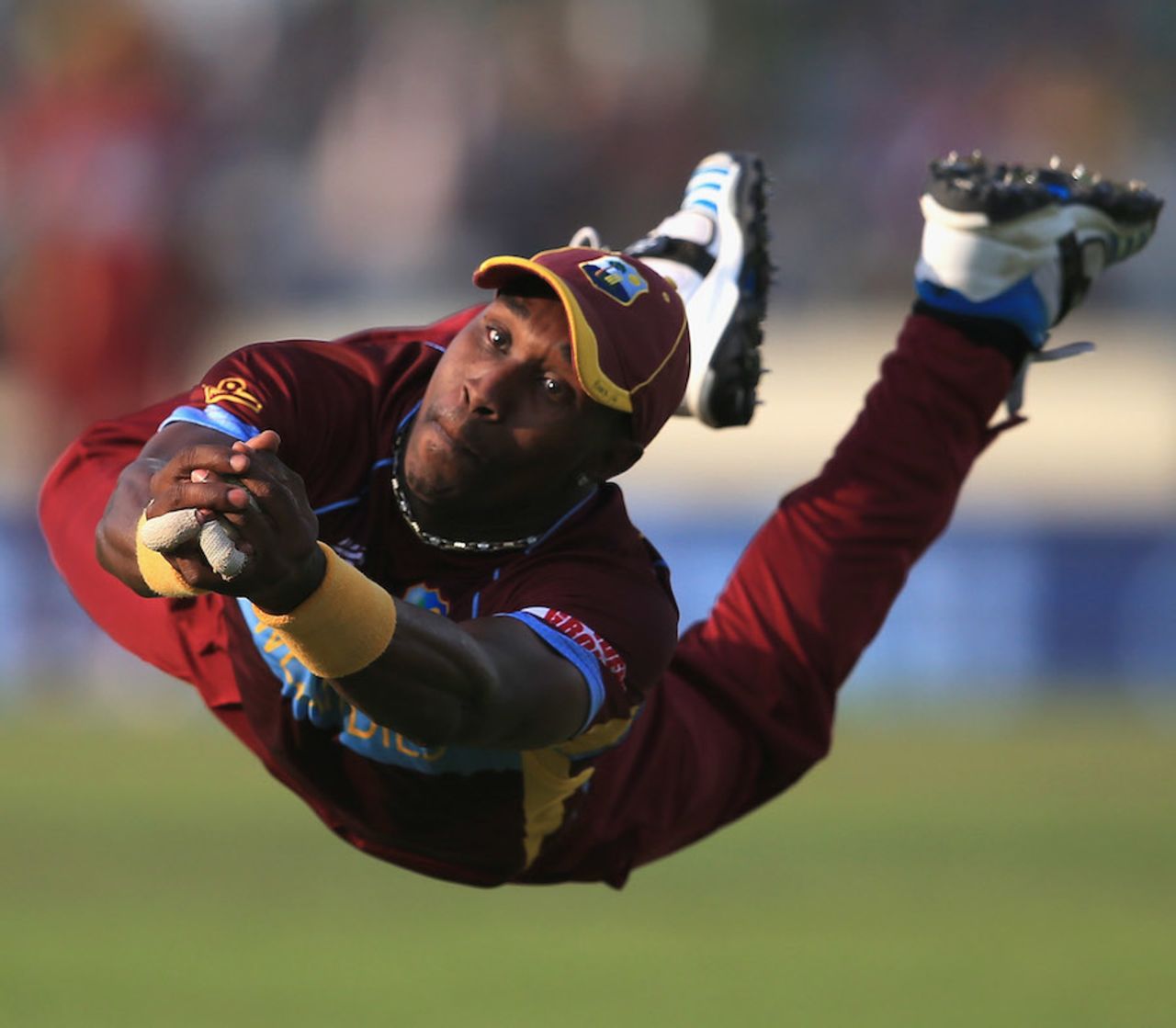 Dwayne Bravo fumbled a chance but then dived full length to complete the catch , Australia v West Indies, World T20, Group 2, Mirpur, March 28, 2014