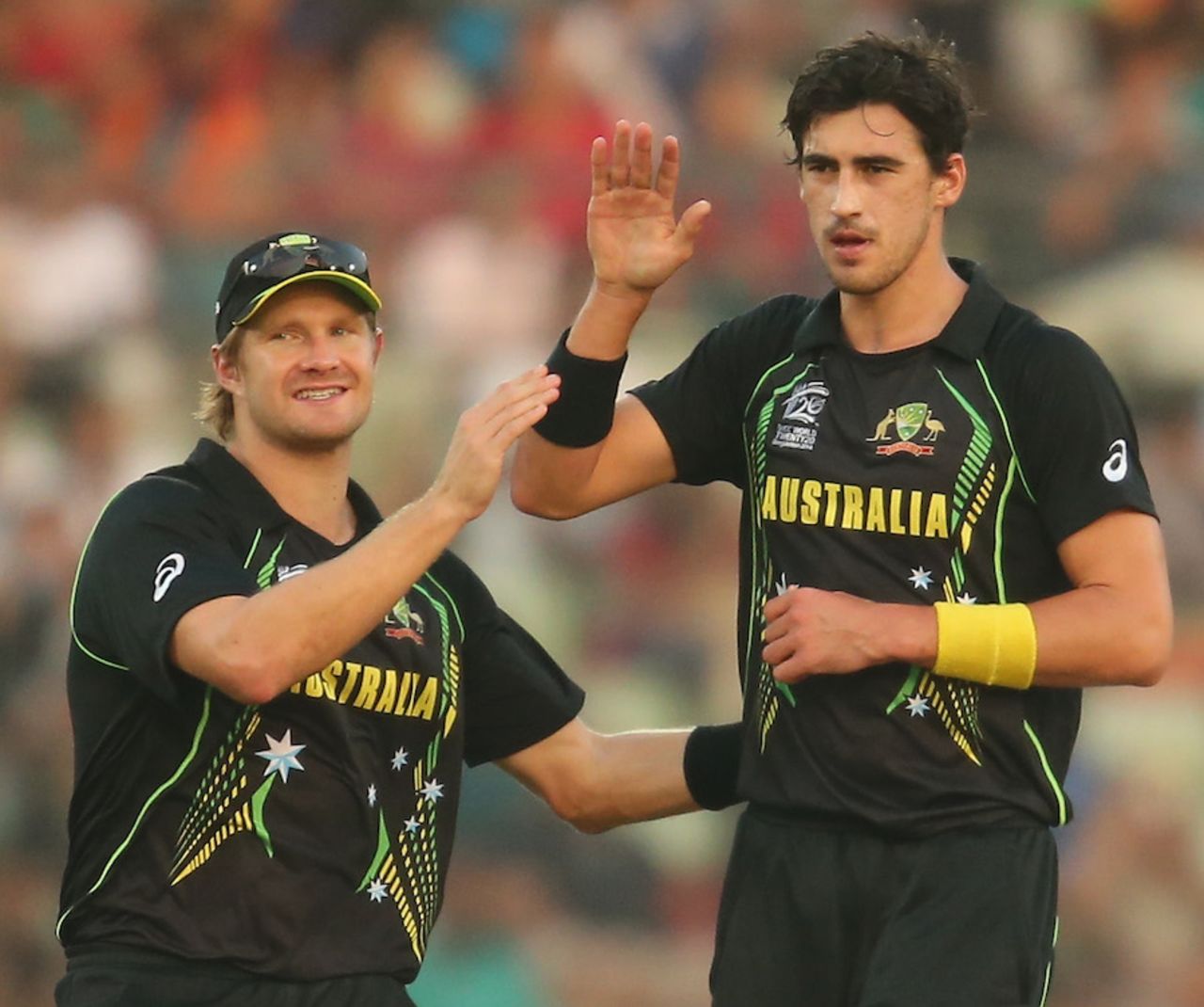 Mitchell Starc gets a pat on his back after he dismissed Dwayne Smith, Australia v West Indies, World T20, Group 2, Mirpur, March 28, 2014