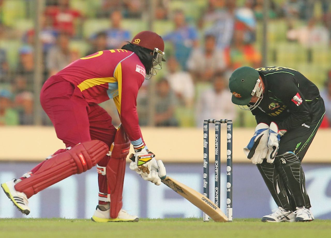 Chris Gayle survives a stumping chance as Brad Haddin fails to collect the ball, Australia v West Indies, World T20, Group 2, Mirpur, March 28, 2014