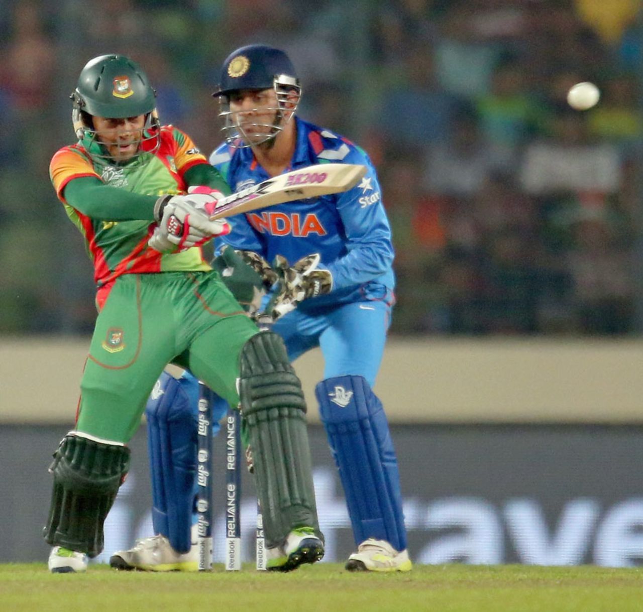 Mushfiqur Rahim attempts a pull during his 24, Bangladesh v India, World T20, Group 2, Mirpur, March 28, 2014