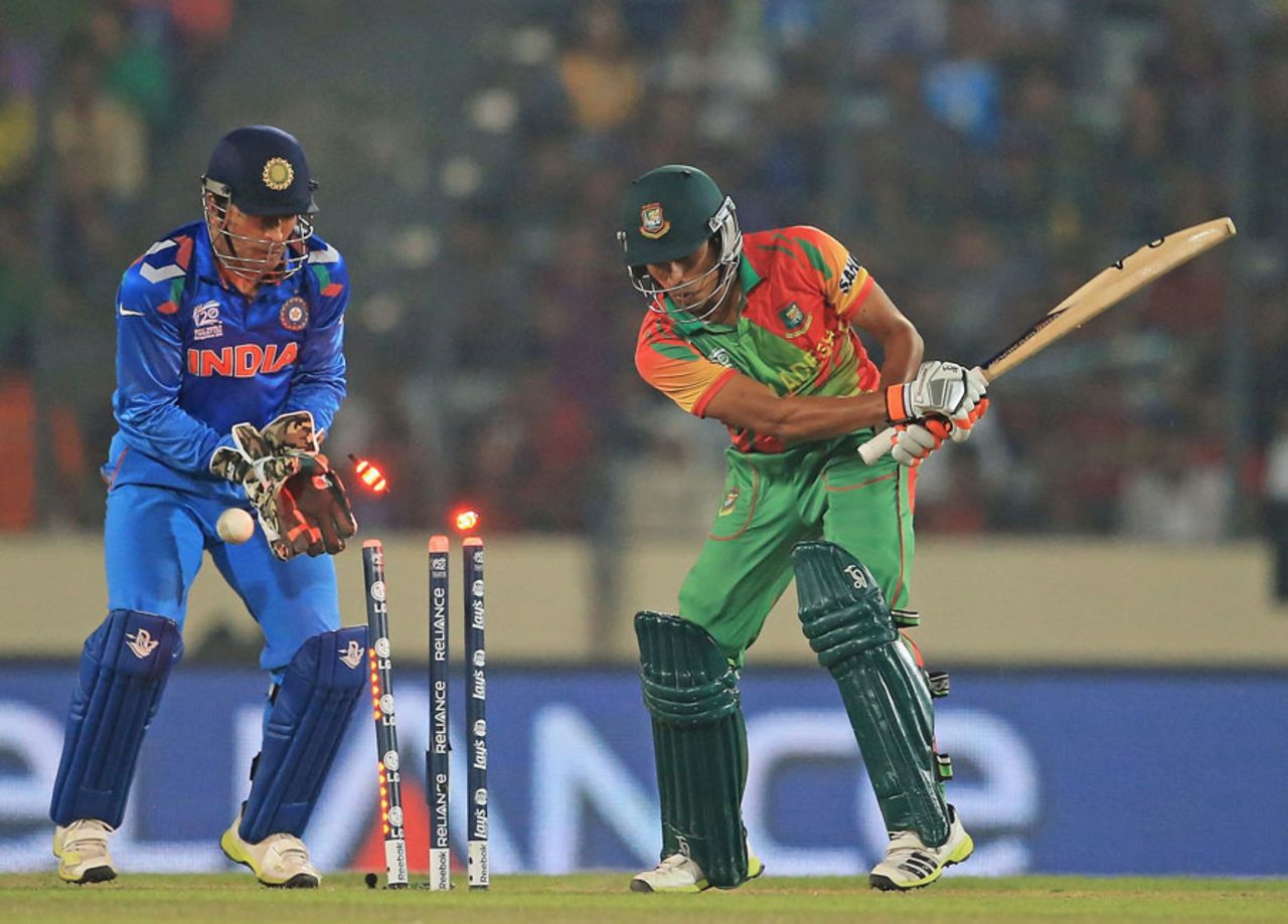 Anamul Haque was bowled by Amit Mishra for 44, Bangladesh v India, World T20, Group 2, Mirpur, March 28, 2014