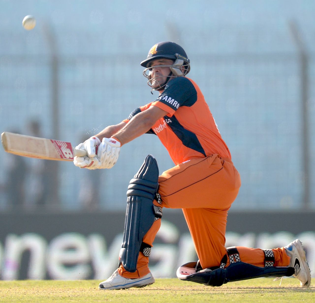 Peter Borren plays a powerful sweep, Netherlands v New Zealand, World T20, Group 1, Chittagong, March 29, 2014