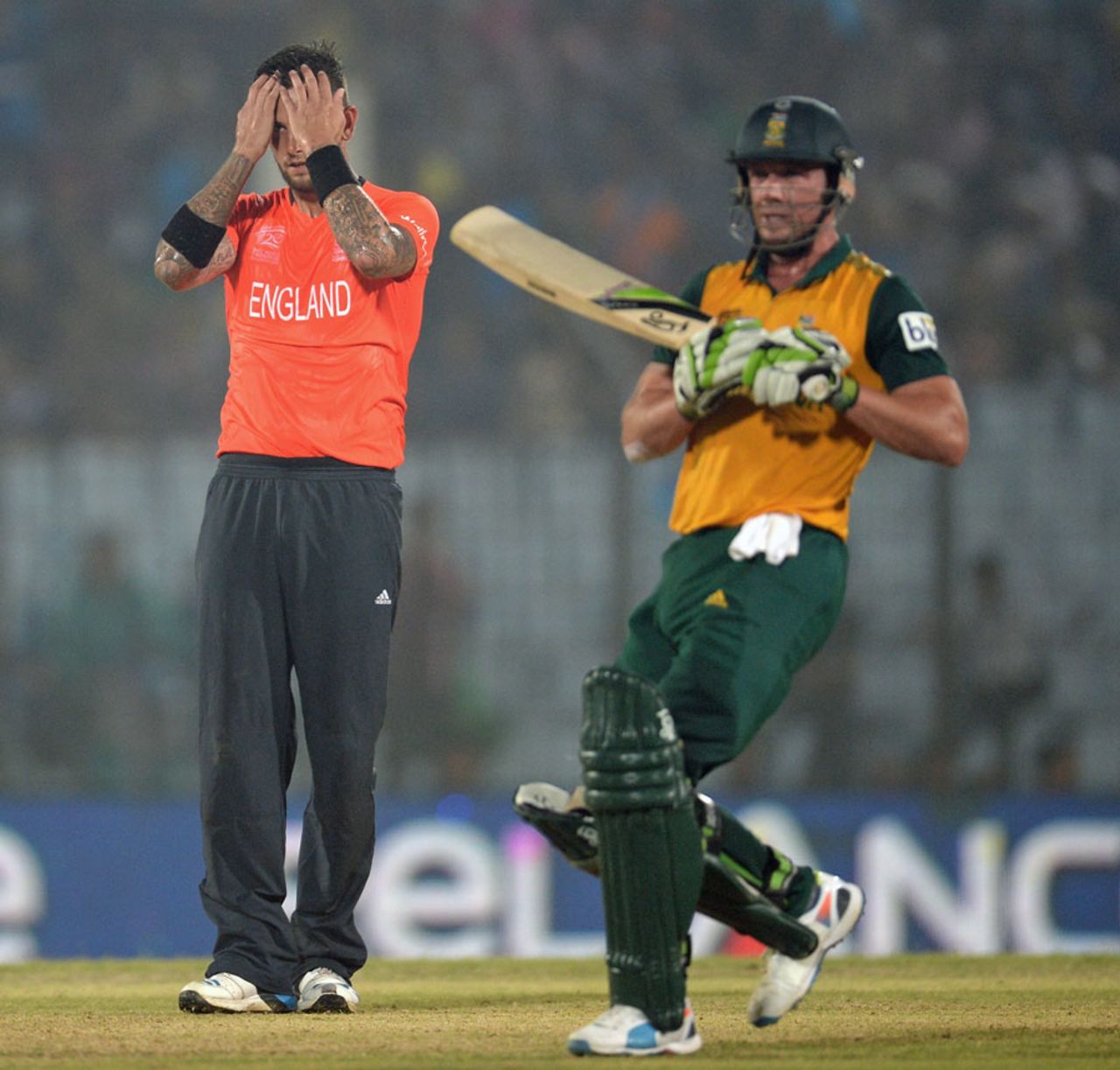 Jade Dernbach reacts after being hit for a boundary, England v South Africa, World Twenty20 2014, Group 1, Chittagong, March 29, 2014