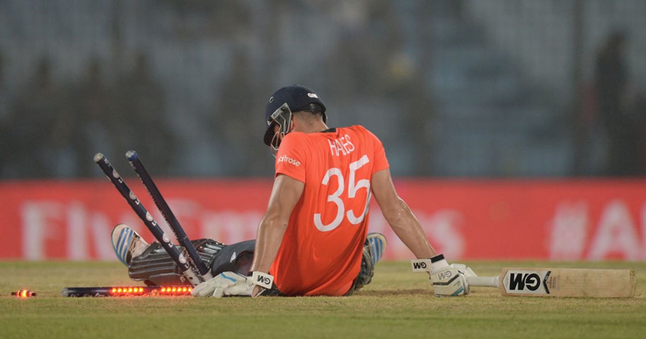 Alex Hales takes a breather after avoiding a run-out, England v South Africa, World Twenty20 2014, Group 1, Chittagong, March 29, 2014