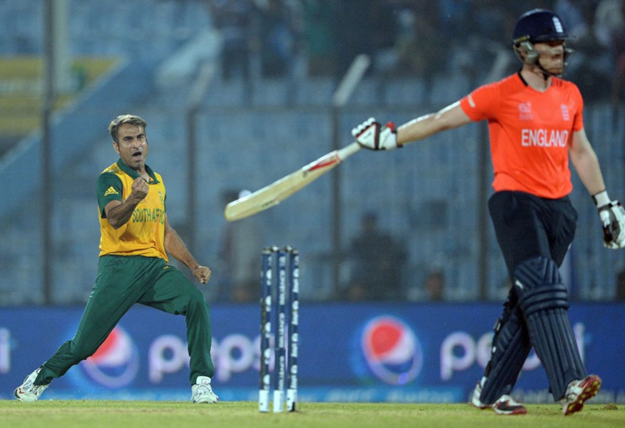 Imran Tahir celebrates after dismissing Eoin Morgan, England v South Africa, World Twenty20 2014, Group 1, Chittagong, March 29, 2014