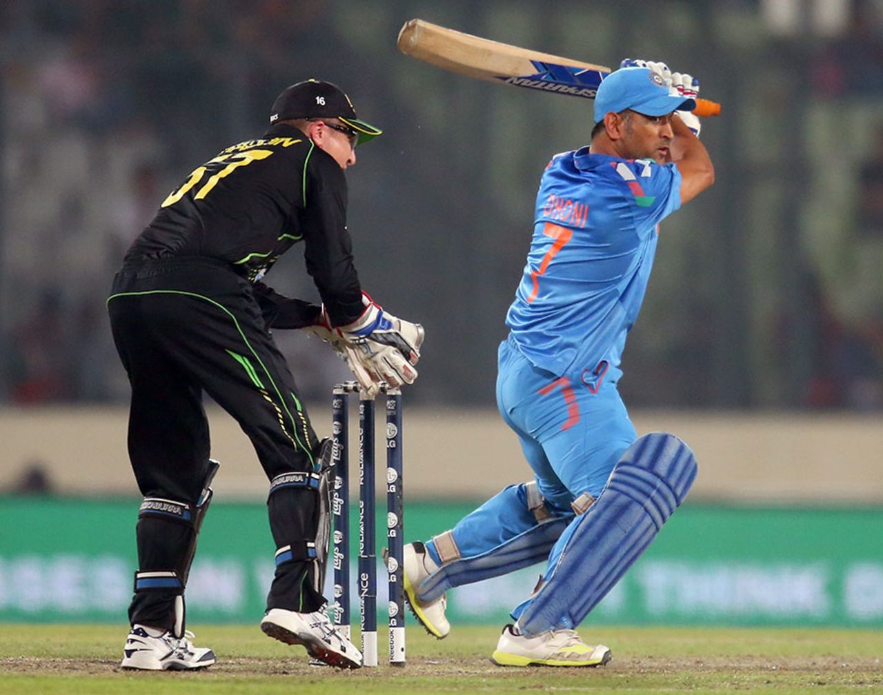 MS Dhoni rocks back and plays a cut, Australia v India, World T20, Group 2, Mirpur, March 30, 2014