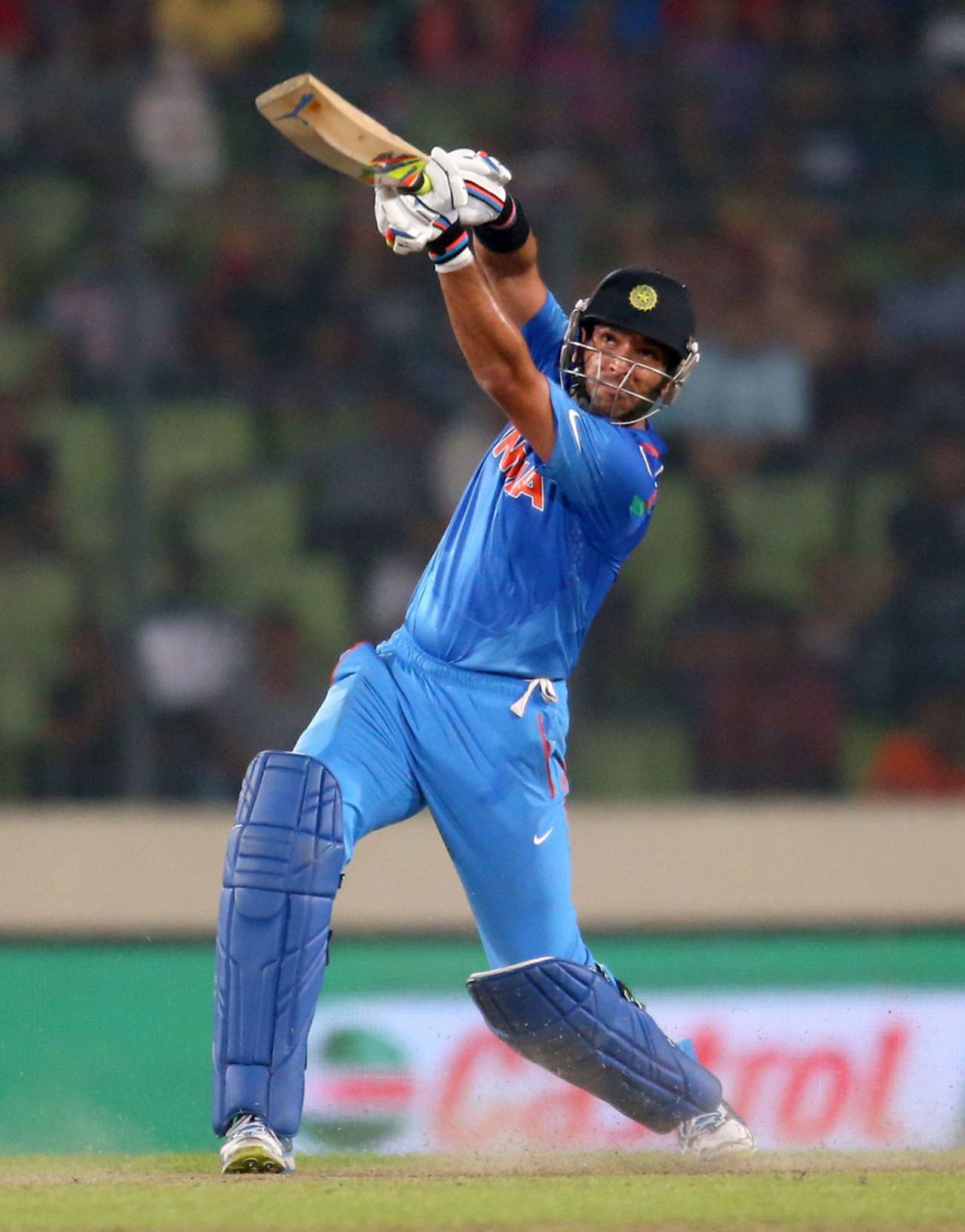 Yuvraj Singh launches the ball over the top, Australia v India, World T20, Group 2, Mirpur, March 30, 2014